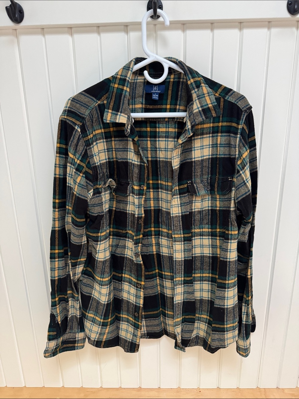 George Black, Cream & Green Plaid Flannel Shirt